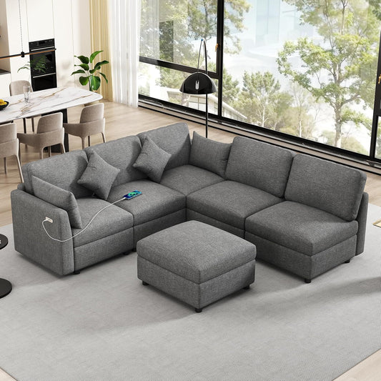 Ball & Cast Oversize Modular Sectional Sofa,85.4" 5-Seater Couch with USB Ports and 9 Pillows,Chenille Upholstered Convertible Sleeper Sofabed w/Movable Ottoman,for Living Room,Grey