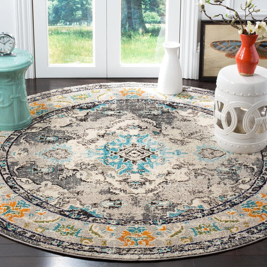 SAFAVIEH Monaco Collection Area Rug - 11' Round, Grey & Light Blue, Boho Chic Medallion Distressed Design, Non-Shedding & Easy Care, Ideal for High Traffic Areas in Living Room, Bedroom (MNC243G)