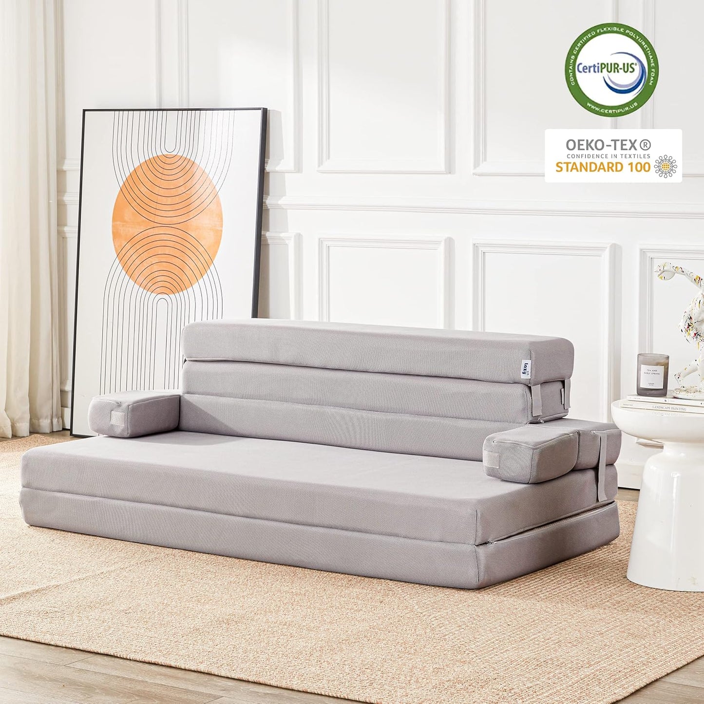 Sleep 4 Inch Foldable Mattress, Portable Floor Mattress Couch with Headrest, Washable Cover, Foldable Foam Couch Queen for Guest Bed, Folding Sofa Bed, Camping, Road Trip, Dark Grey