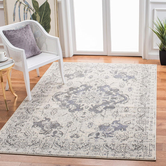 SAFAVIEH Monaco Collection Accent Rug - 4' x 5'7", Ivory & Grey, Boho Medallion Distressed Design, Non-Shedding & Easy Care, Ideal for High Traffic Areas in Entryway, Living Room, Bedroom (MNC243B)