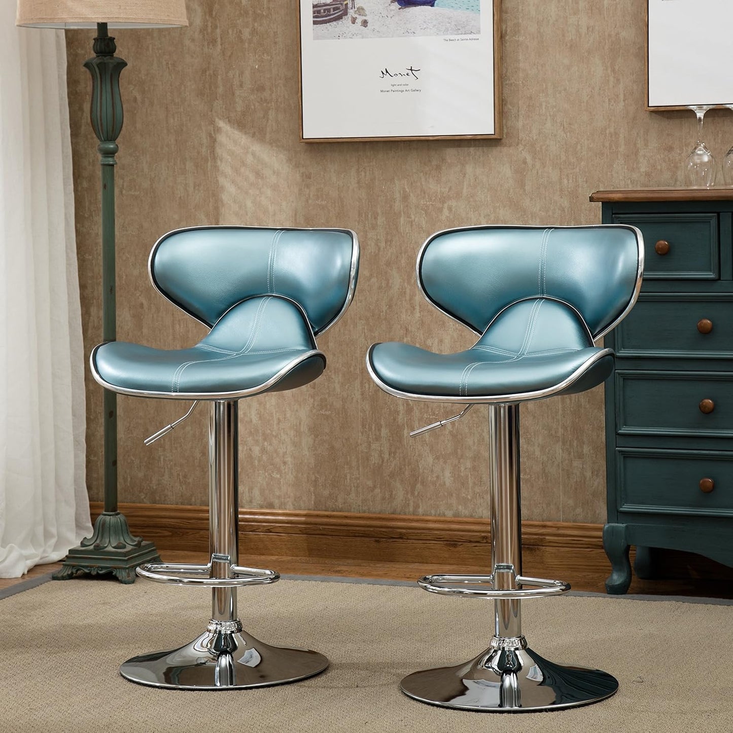 Roundhill Furniture Masaccio Cushioned Leatherette Upholstery Airlift Adjustable Swivel Barstool with Chrome Base, Set of 2, Blue