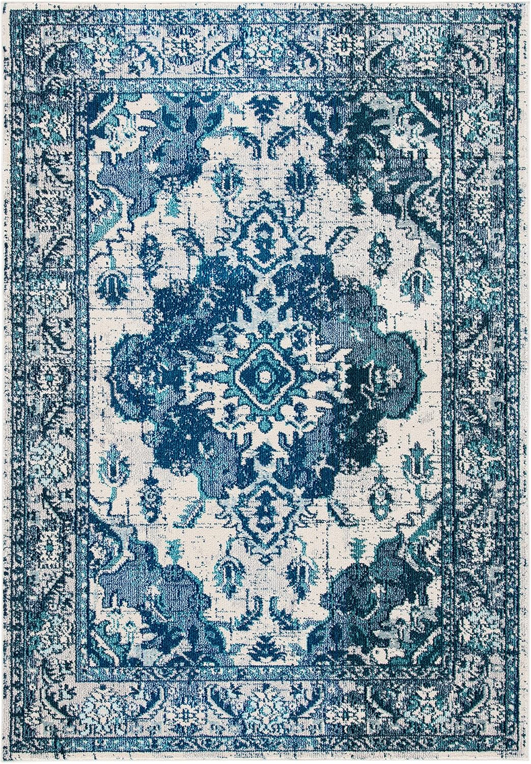 SAFAVIEH Monaco Collection Accent Rug - 4' x 5'7", Ivory & Blue, Boho Medallion Distressed Design, Non-Shedding & Easy Care, Ideal for High Traffic Areas in Entryway, Living Room, Bedroom (MNC243A)
