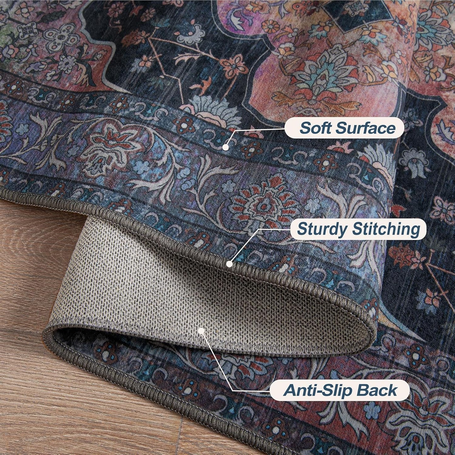 Tangsoo 2x10 Washable Runner Rug for Hallways, Non Slip Vintage Runner Soft Low Pile Long Rug Runner, Print Distressed Navy/Mlulti Carpet Runners for Kitchen Bedroom Entryway Bathroom Living Room