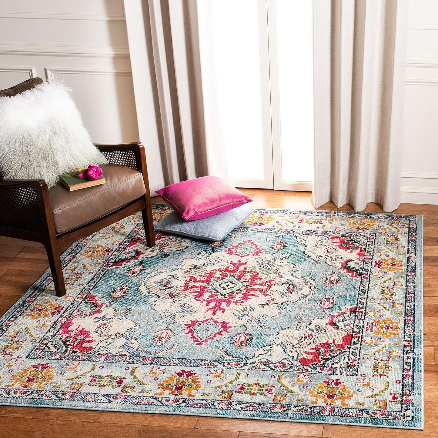 SAFAVIEH Monaco Collection Area Rug - 11' Square, Light Blue & Fuchsia, Boho Chic Medallion Distressed Design, Non-Shedding & Easy Care, Ideal for High Traffic Areas in Living Room, Bedroom (MNC243J)