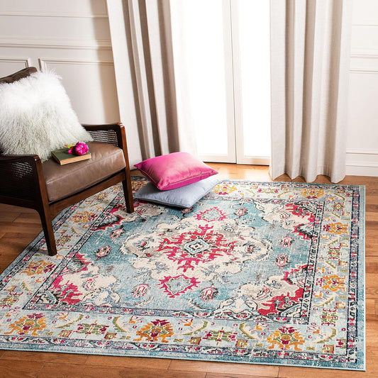 SAFAVIEH Monaco Collection Area Rug - 11' Square, Light Blue & Fuchsia, Boho Chic Medallion Distressed Design, Non-Shedding & Easy Care, Ideal for High Traffic Areas in Living Room, Bedroom (MNC243J)