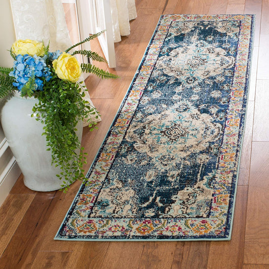 SAFAVIEH Monaco Collection Runner Rug - 2'2" x 8', Navy & Light Blue, Boho Chic Medallion Distressed Design, Non-Shedding & Easy Care, Ideal for High Traffic Areas in Living Room, Bedroom (MNC243N)