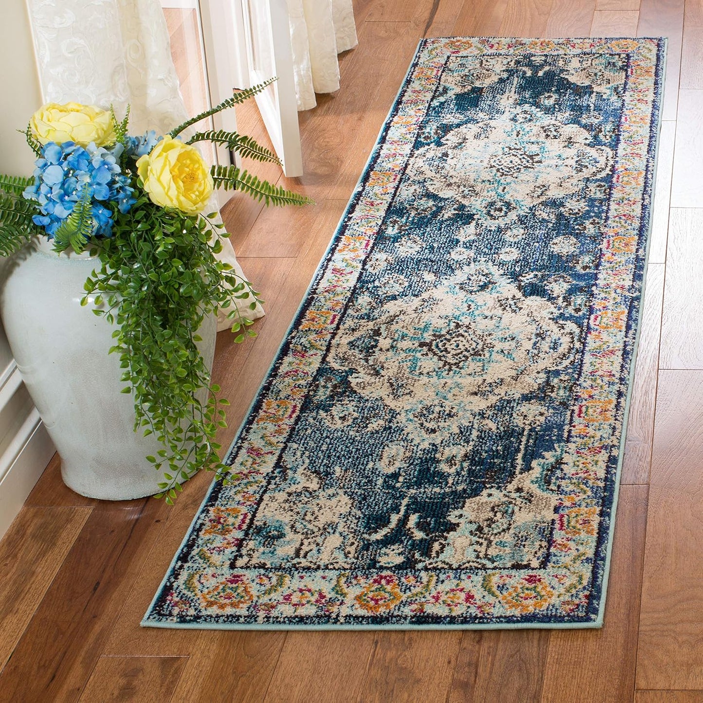 SAFAVIEH Monaco Collection Runner Rug - 2'2" x 22', Navy & Light Blue, Boho Chic Medallion Distressed Design, Non-Shedding & Easy Care, Ideal for High Traffic Areas in Living Room, Bedroom (MNC243N)
