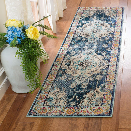 SAFAVIEH Monaco Collection Runner Rug - 2'2" x 10', Navy & Light Blue, Boho Chic Medallion Distressed Design, Non-Shedding & Easy Care, Ideal for High Traffic Areas in Living Room, Bedroom (MNC243N)