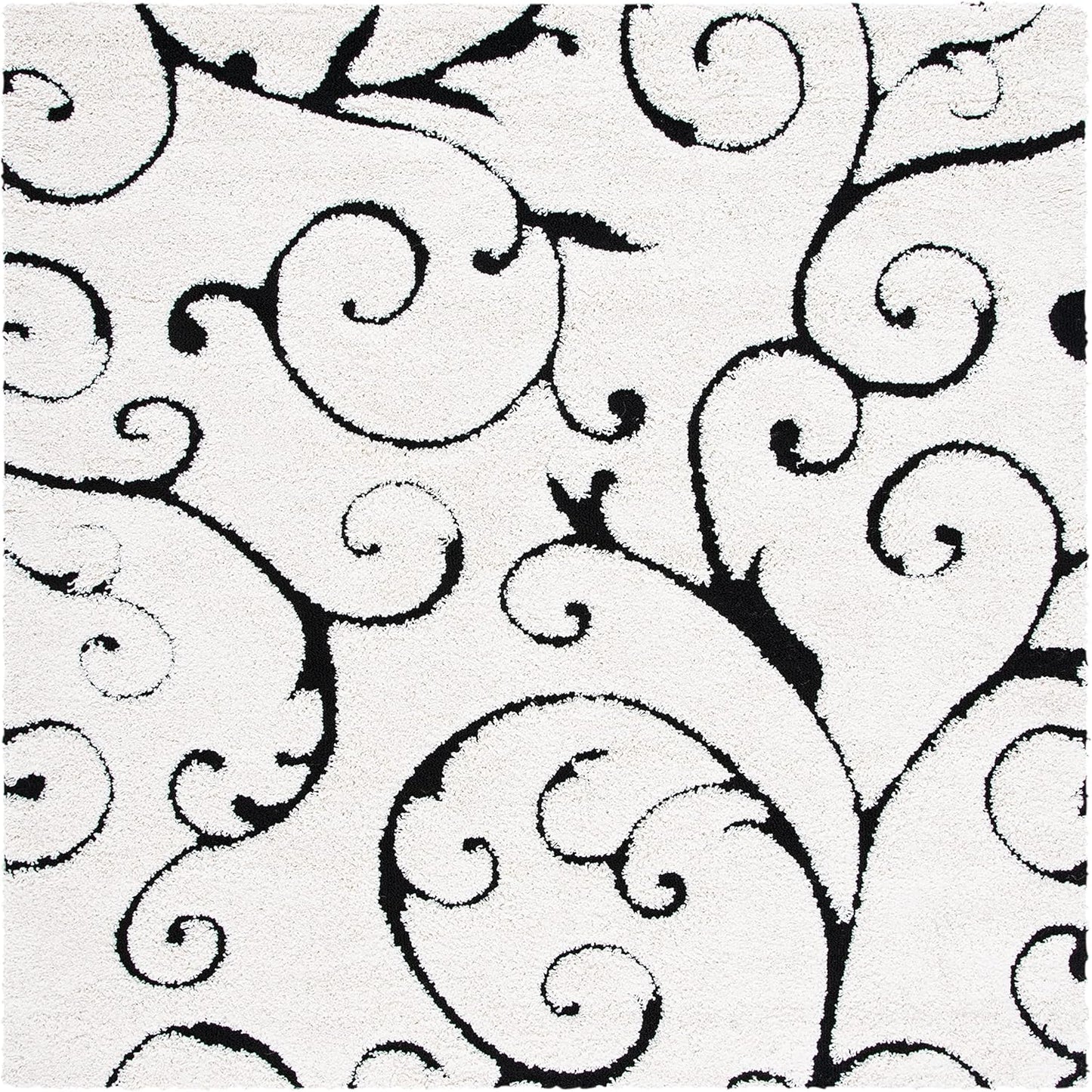SAFAVIEH Florida Shag Collection Area Rug - 8' Square, Ivory & Black, Scroll Design, Non-Shedding & Easy Care, 1.2-inch Thick Ideal for High Traffic Areas in Living Room, Bedroom (SG455-1290)