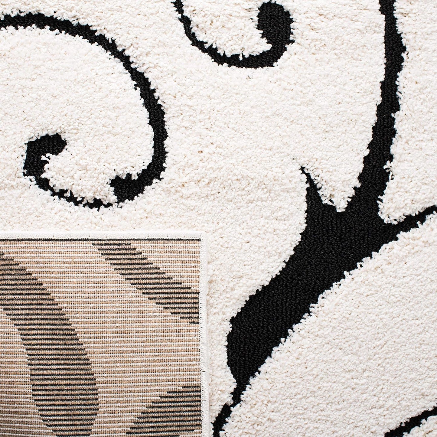 SAFAVIEH Florida Shag Collection Area Rug - 8' Square, Ivory & Black, Scroll Design, Non-Shedding & Easy Care, 1.2-inch Thick Ideal for High Traffic Areas in Living Room, Bedroom (SG455-1290)