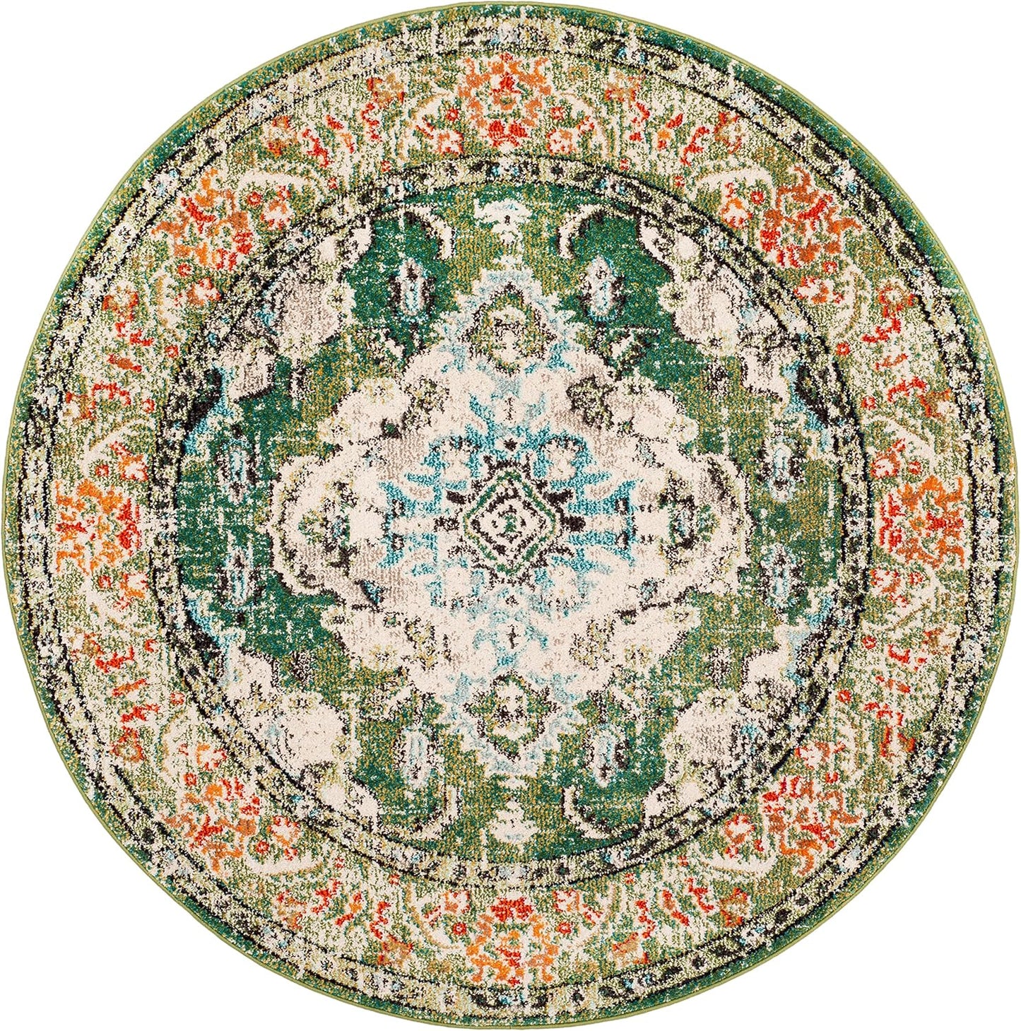SAFAVIEH Monaco Collection Area Rug - 4' Round, Forest Green & Light Blue, Boho Medallion Distressed Design, Non-Shedding & Easy Care, Ideal for High Traffic Areas in Living Room, Bedroom (MNC243F)