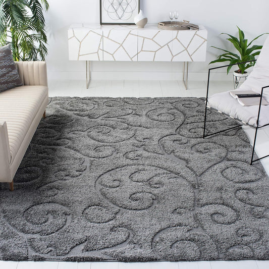 SAFAVIEH Florida Shag Collection Area Rug - 9'6" x 13', Grey, Scroll Design, Non-Shedding & Easy Care, 1.2-inch Thick Ideal for High Traffic Areas in Living Room, Bedroom (SG455-8013)