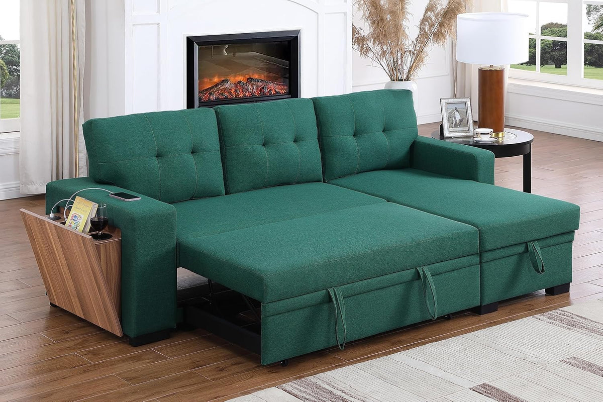 Ball & Cast Sectional Sleeper Sofa Bed,L-Shape Pull Out Couch,4 in 1 Pull-Out Sofabed W/Reversible Storage Chaise,USB Ports & Cup Holder,Convertible Sleeper Corner Couch W/Pull Out Bed,for Living Room
