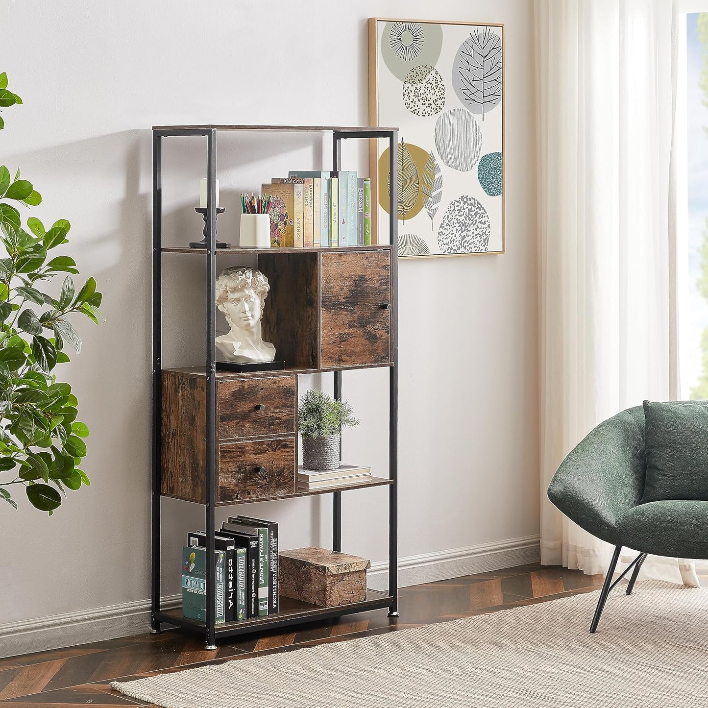 VECELO 5-Tier Bookshelf,Bookcase with 2 Storage Drawers and 1 Cabinet, Wood Shelves with Metal Frame,Open Book Shelves Standing Shelf Unit for Living Room, Bedroom,Office,Kichen
