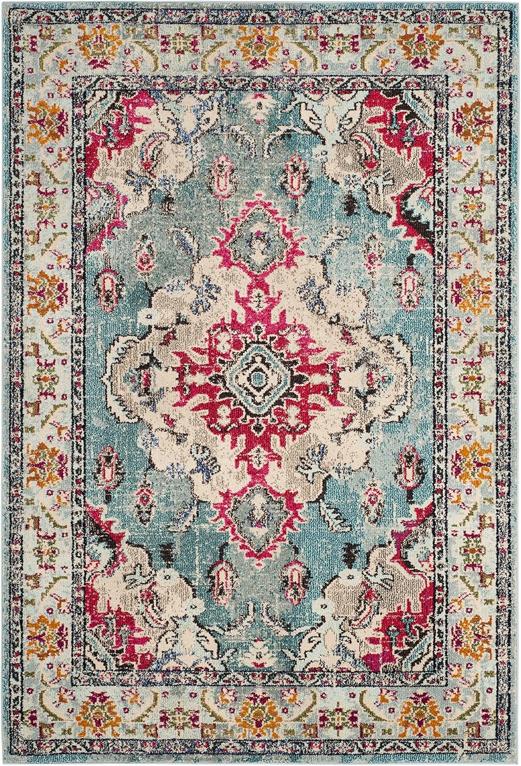 SAFAVIEH Monaco Collection Accent Rug - 4' x 5'7", Light Blue & Fuchsia, Medallion Distressed Design, Non-Shedding & Easy Care, Ideal for High Traffic Areas in Entryway, Living Room, Bedroom (MNC243J)