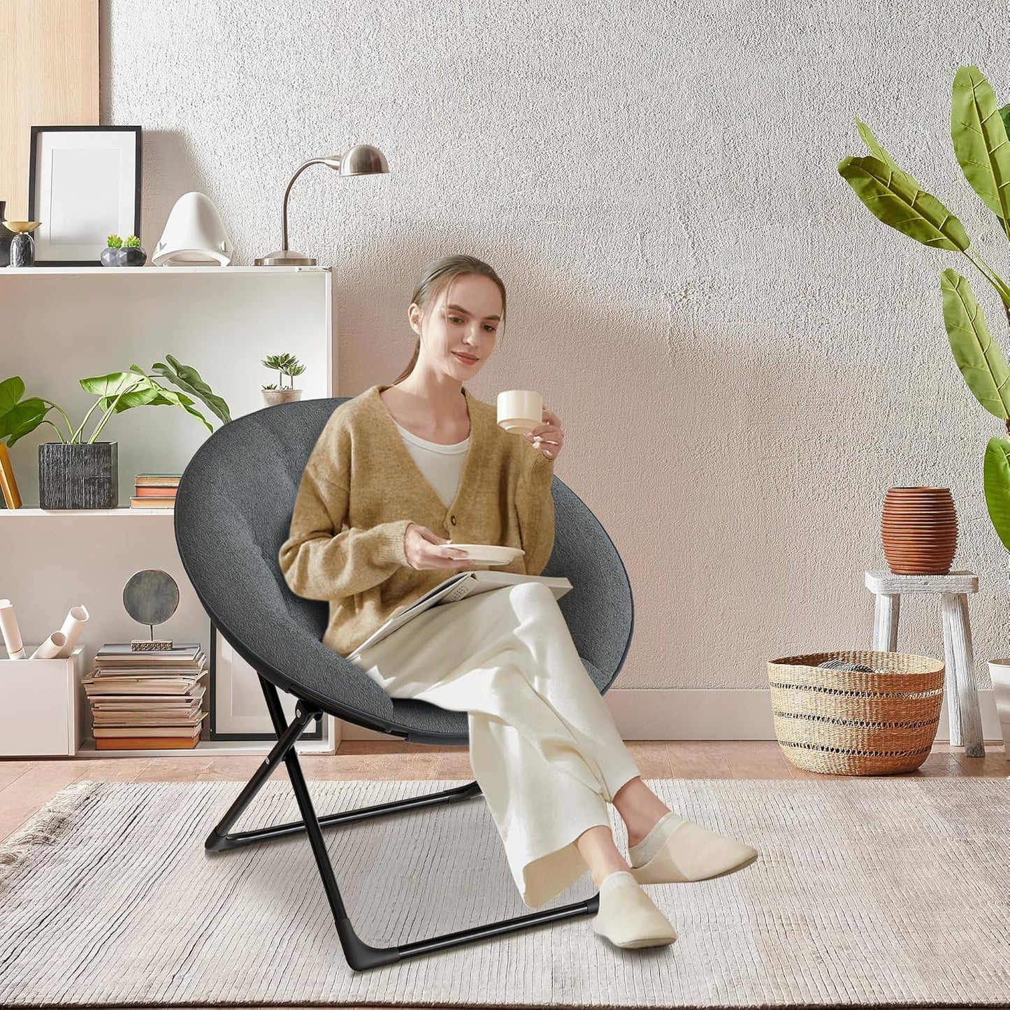 Saucer Chair, XL Foldable Lounge Chair for Bedroom/Dorm, Plush Comfy Seat with Non-Slip Base for Teens & Adults, Faux Fur Accent Chair, Gray