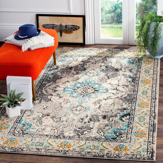 SAFAVIEH Monaco Collection Accent Rug - 3' x 5', Grey & Light Blue, Medallion Distressed Design, Non-Shedding & Easy Care, Ideal for High Traffic Areas in Entryway, Living Room, Bedroom (MNC243G)
