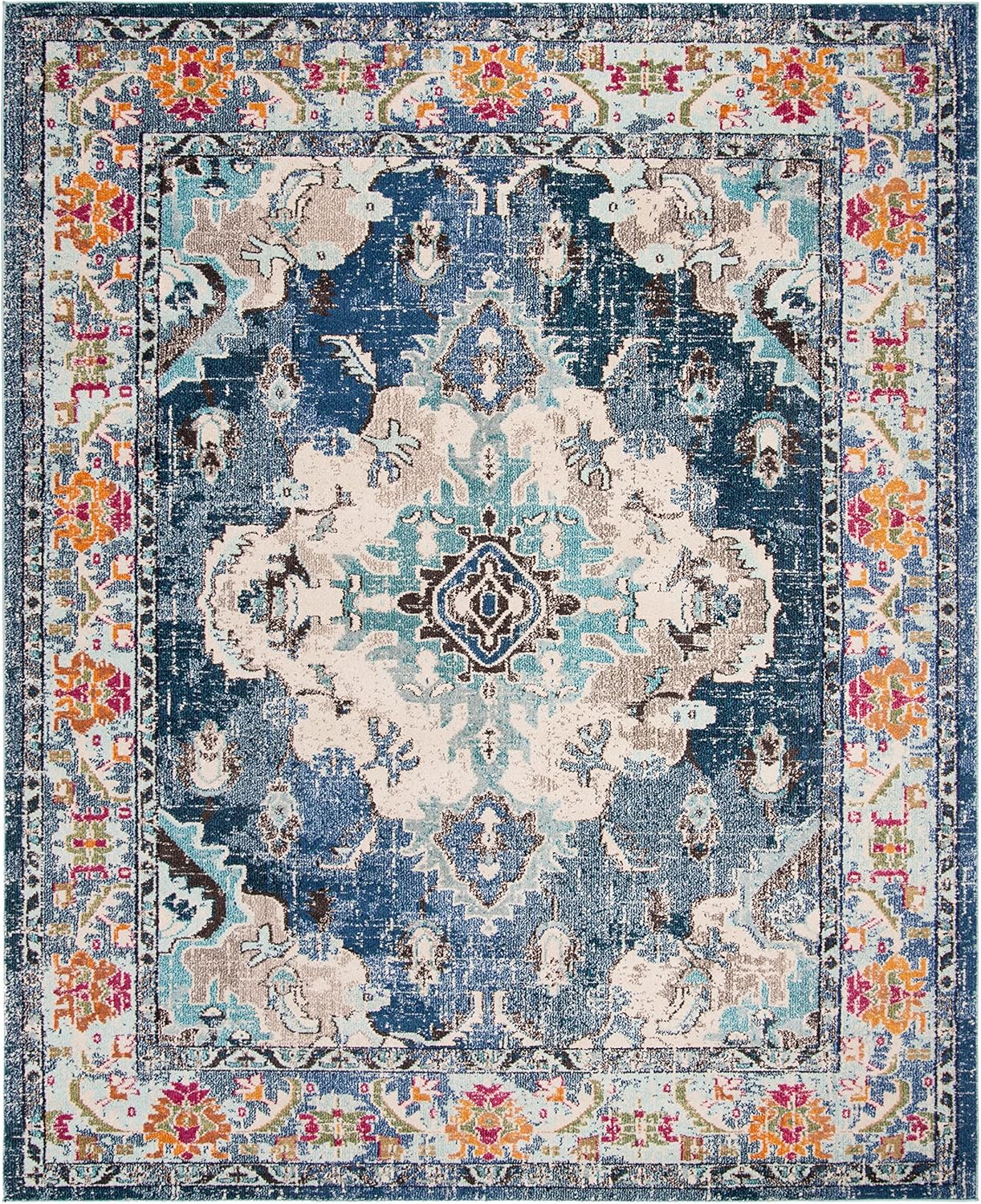 SAFAVIEH Monaco Collection X-Large Area Rug - 12' x 18', Navy & Light Blue, Medallion Distressed Design, Non-Shedding & Easy Care, Ideal for High Traffic Areas in Living Room, Bedroom (MNC243N)