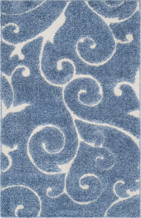 SAFAVIEH Florida Shag Collection Accent Rug - 2'3" x 5', Light Blue & Cream, Scroll, Non-Shedding & Easy Care, 1.2-inch Thick Ideal for High Traffic Areas in Foyer, Living Room, Bedroom (SG455-6011)