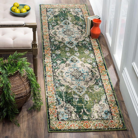SAFAVIEH Monaco Collection 2'2" x 22' Forest GreenLight Blue MNC243F Boho Chic Medallion Distressed Non-Shedding Living Room Bedroom Runner Rug
