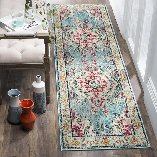 SAFAVIEH Monaco Collection Runner Rug - 2'2" x 8', Light Blue & Fuchsia, Boho Chic Medallion Distressed Design, Non-Shedding & Easy Care, Ideal for High Traffic Areas in Living Room, Bedroom (MNC243J)