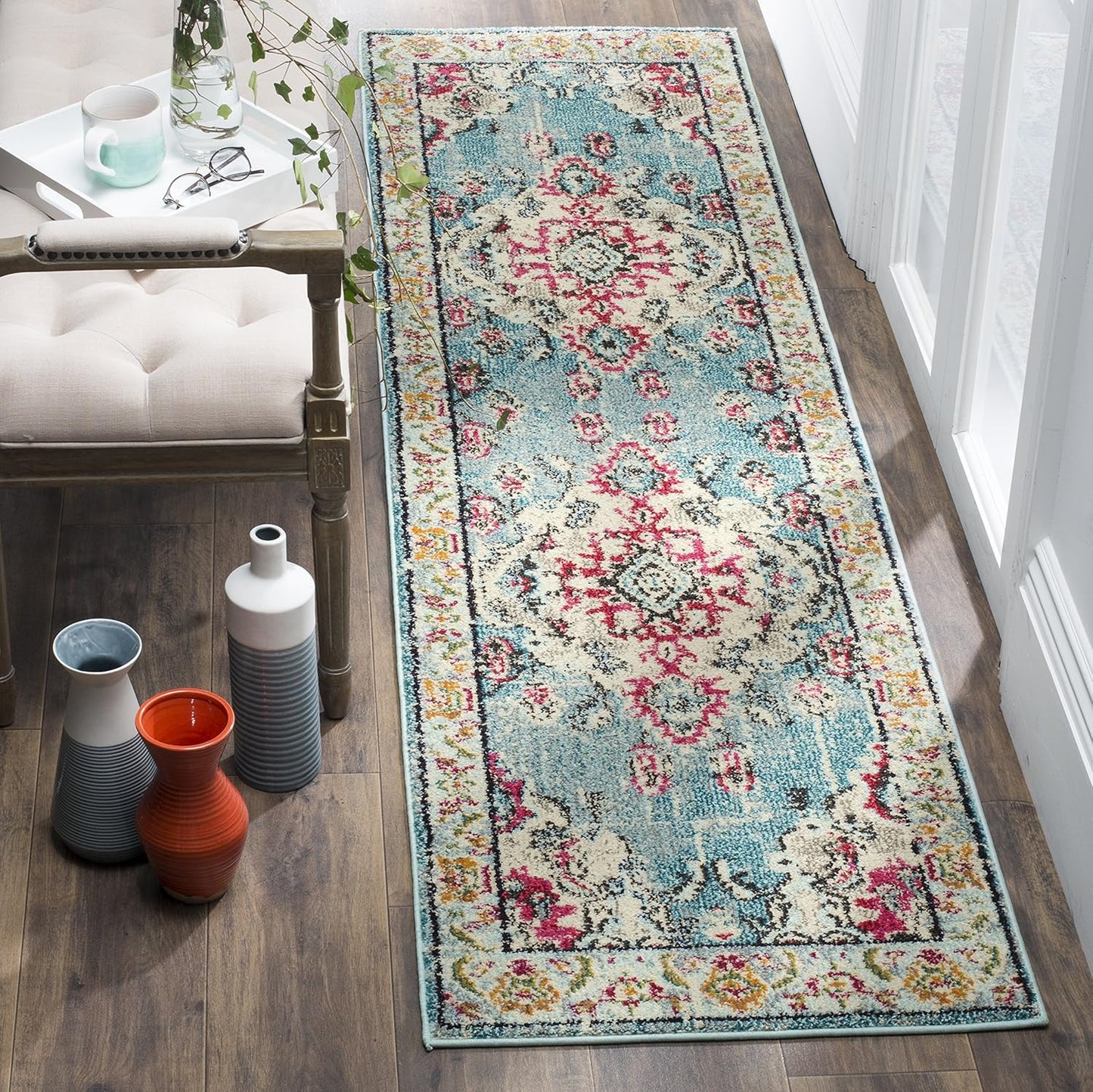 SAFAVIEH Monaco Collection Runner Rug - 2'2" x 22', Light Blue & Fuchsia, Medallion Distressed Design, Non-Shedding & Easy Care, Ideal for High Traffic Areas in Living Room, Bedroom (MNC243J)