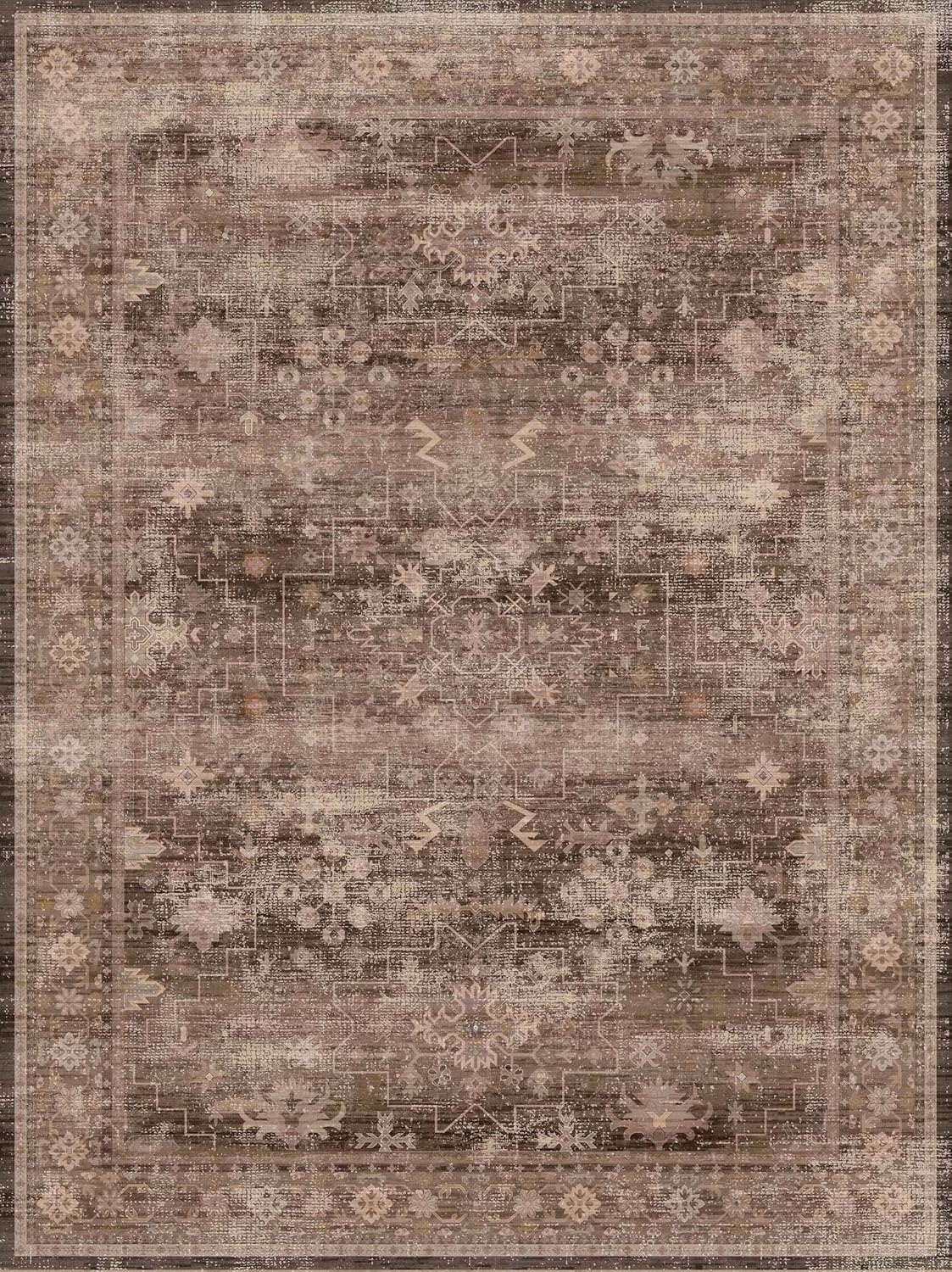 Brown 9x12 Living Room Rug - Vintage Western Eclectic Unique Neutral Taupe, Washable Low Pile Non-Slip Large Area Rugs for Dining Under Table Bedroom Under Bed