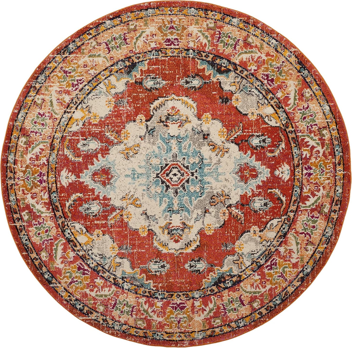 SAFAVIEH Monaco Collection Area Rug - 6'7" Round, Orange & Light Blue, Boho Chic Medallion Distressed Design, Non-Shedding & Easy Care, Ideal for High Traffic Areas in Living Room, Bedroom (MNC243H)