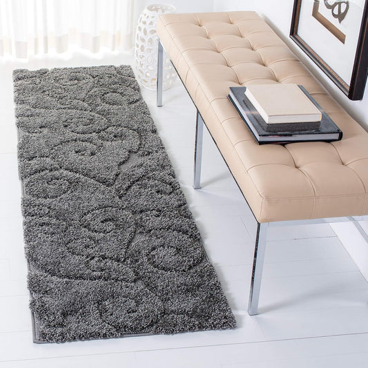 SAFAVIEH Florida Shag Collection Runner Rug - 2'3" x 21', Grey, Scroll Design, Non-Shedding & Easy Care, 1.2-inch Thick Ideal for High Traffic Areas in Living Room, Bedroom (SG455-8013)