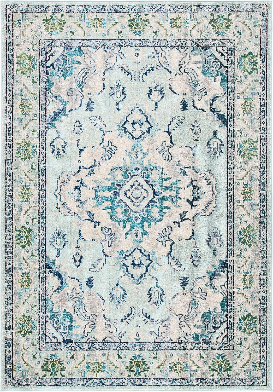 SAFAVIEH Monaco Collection Area Rug - 5'1" x 7'7", Light Blue & Ivory, Boho Chic Medallion Distressed Design, Non-Shedding & Easy Care, Ideal for High Traffic Areas in Living Room, Bedroom (MNC243K)