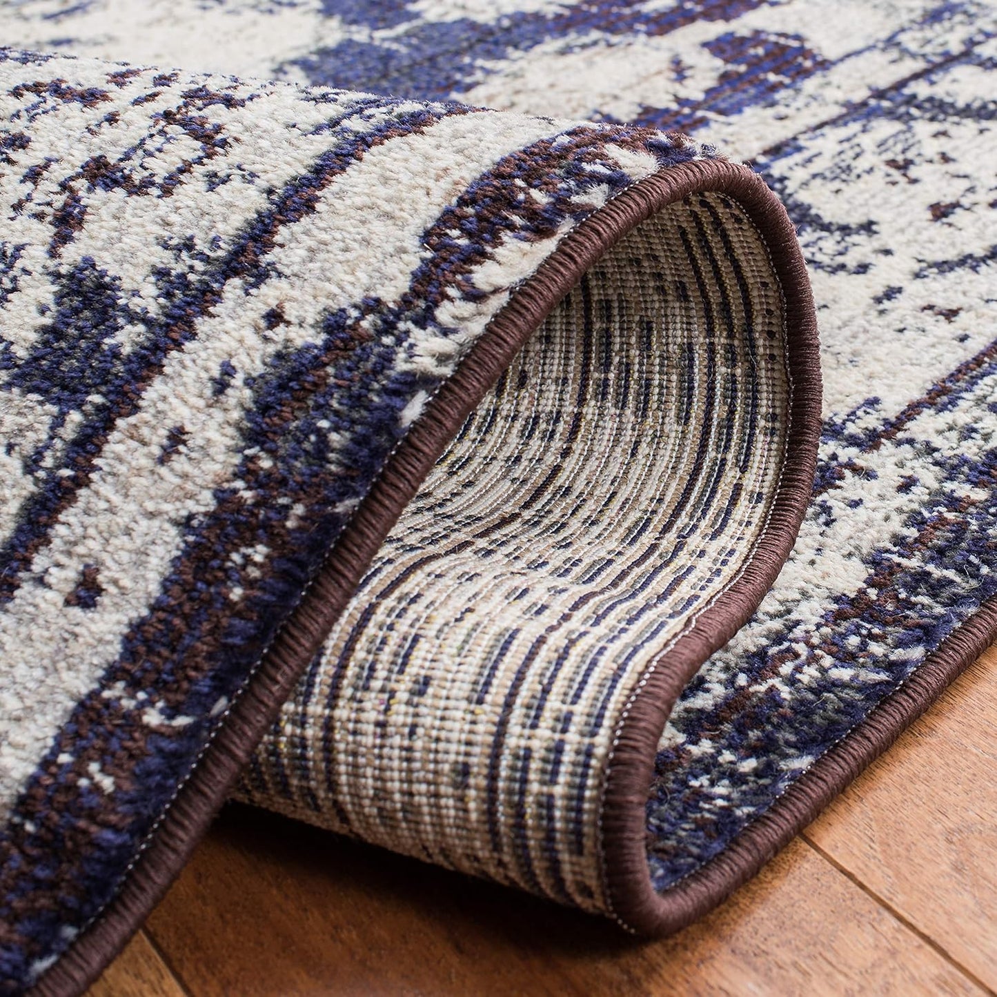 SAFAVIEH Monaco Collection Area Rug - 6'7" Square, Ivory & Navy, Boho Chic Medallion Distressed Design, Non-Shedding & Easy Care, Ideal for High Traffic Areas in Living Room, Bedroom (MNC243C)