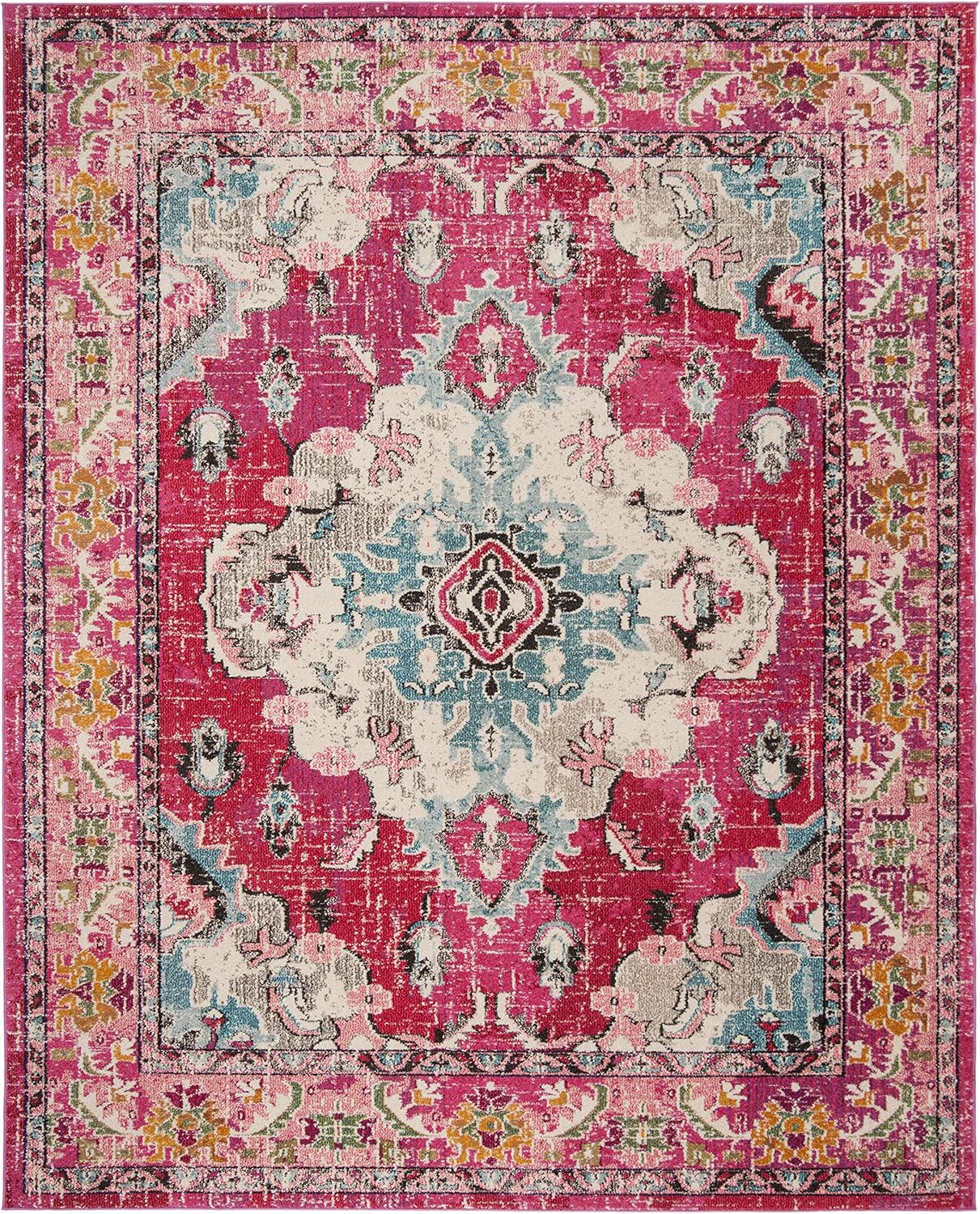 SAFAVIEH Monaco Collection X-Large Area Rug - 12' x 18', Pink & Multi, Boho Chic Medallion Distressed Design, Non-Shedding & Easy Care, Ideal for High Traffic Areas in Living Room, Bedroom (MNC243D)