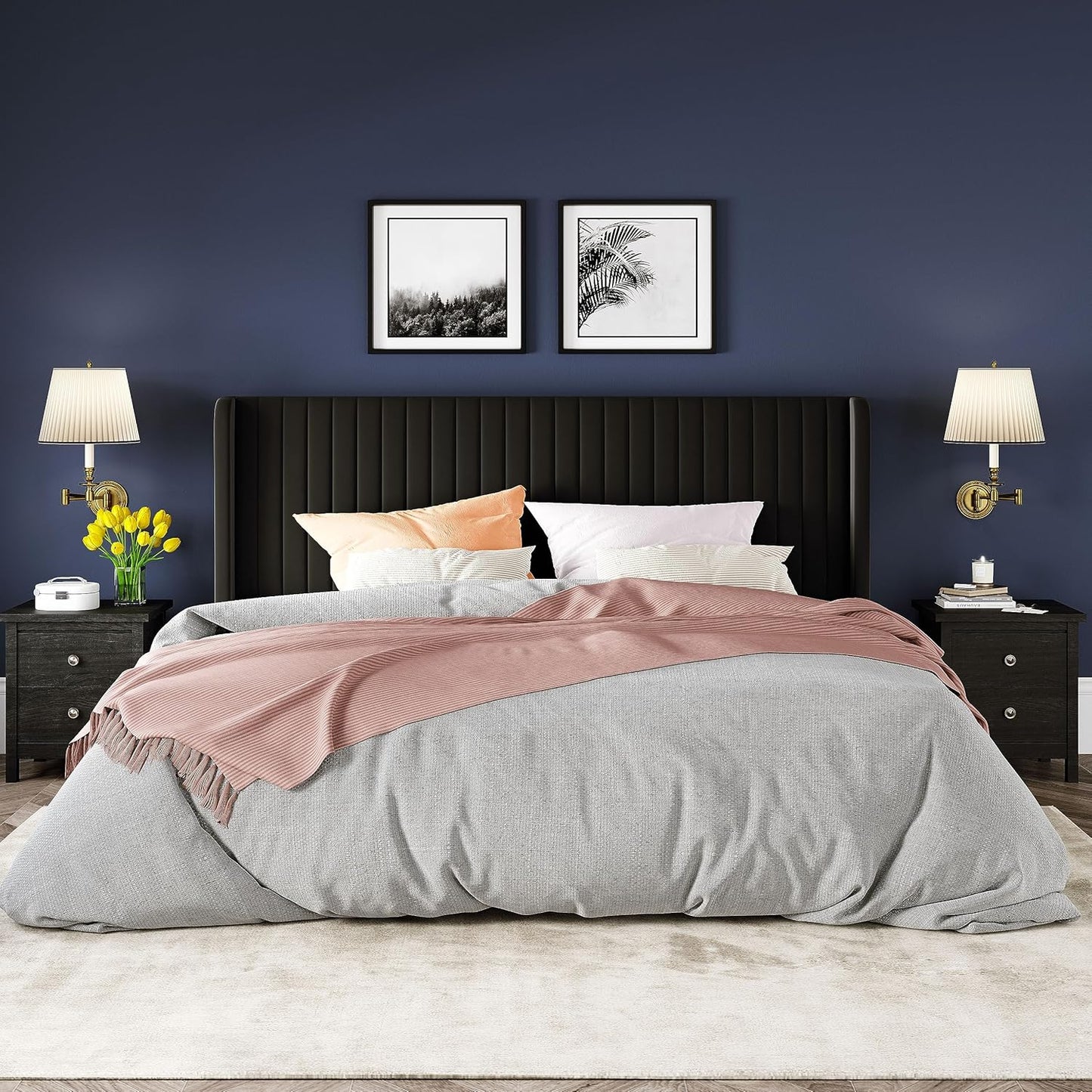 Allewie King Size Velvet Bed Frame/Vertical Channel Tufted Wingback Headboard/Upholstered Platform Bed/Strong Wooden Slats/No Box Spring Needed/Easy Assembly/Black