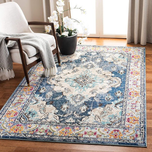 SAFAVIEH Monaco Collection Accent Rug - 4' x 5'7", Navy & Light Blue, Medallion Distressed Design, Non-Shedding & Easy Care, Ideal for High Traffic Areas in Entryway, Living Room, Bedroom (MNC243N)