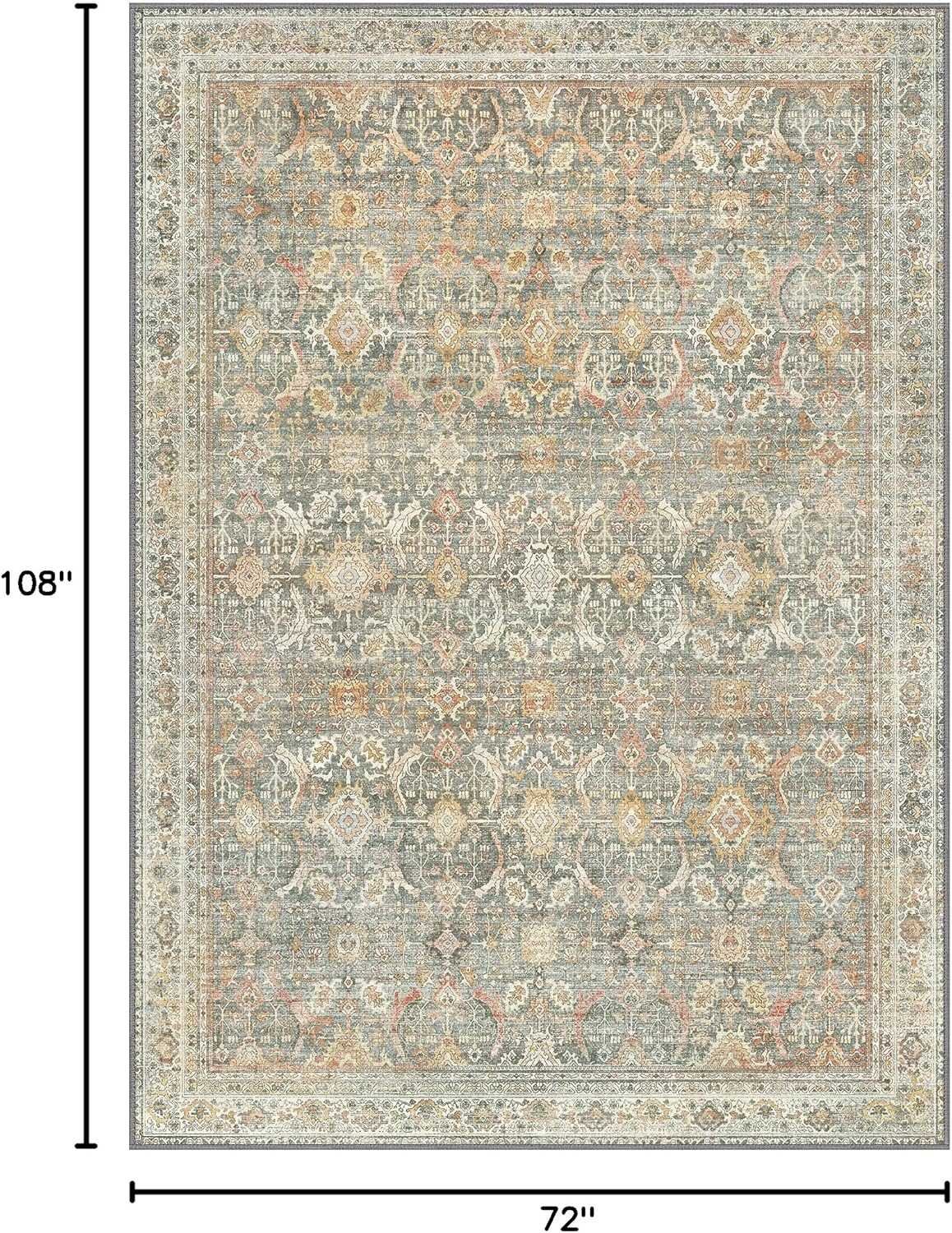 6X9 Area Rugs Machine Washable Rugs for Living Room, Vintage Boho Large Rugs for Bedroom Dining Room, Non Slip Indoor Soft Distressed Lightweight Thin Low Pile Carpet, Turmeric