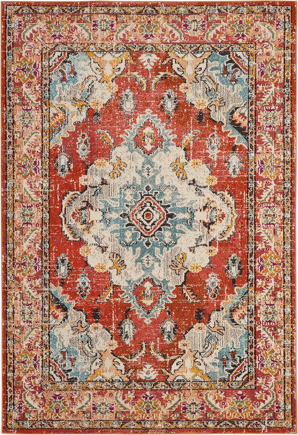 SAFAVIEH Monaco Collection Accent Rug - 4' x 5'7", Orange & Light Blue, Medallion Distressed Design, Non-Shedding & Easy Care, Ideal for High Traffic Areas in Entryway, Living Room, Bedroom (MNC243H)