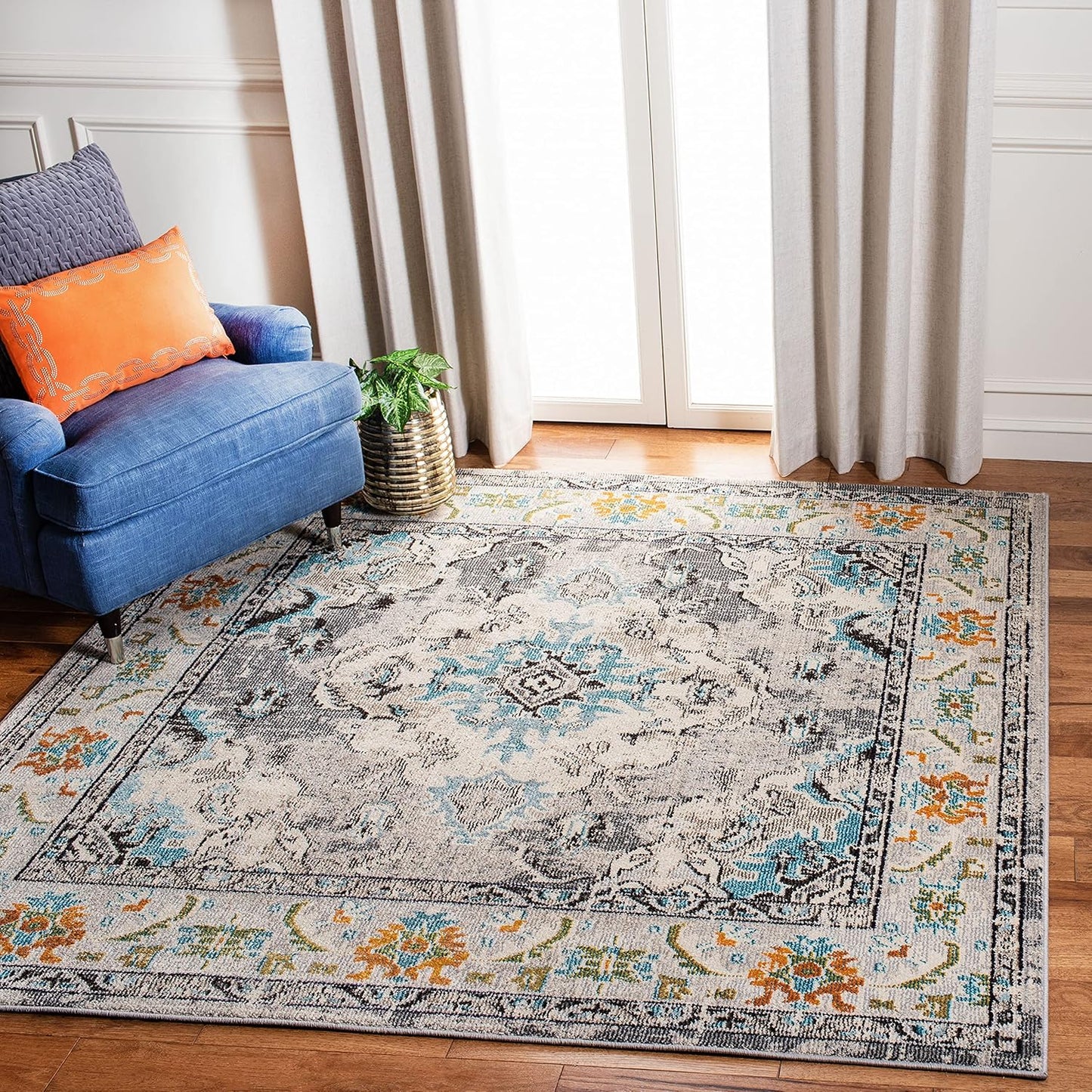 SAFAVIEH Monaco Collection Area Rug - 11' Square, Grey & Light Blue, Boho Chic Medallion Distressed Design, Non-Shedding & Easy Care, Ideal for High Traffic Areas in Living Room, Bedroom (MNC243G)