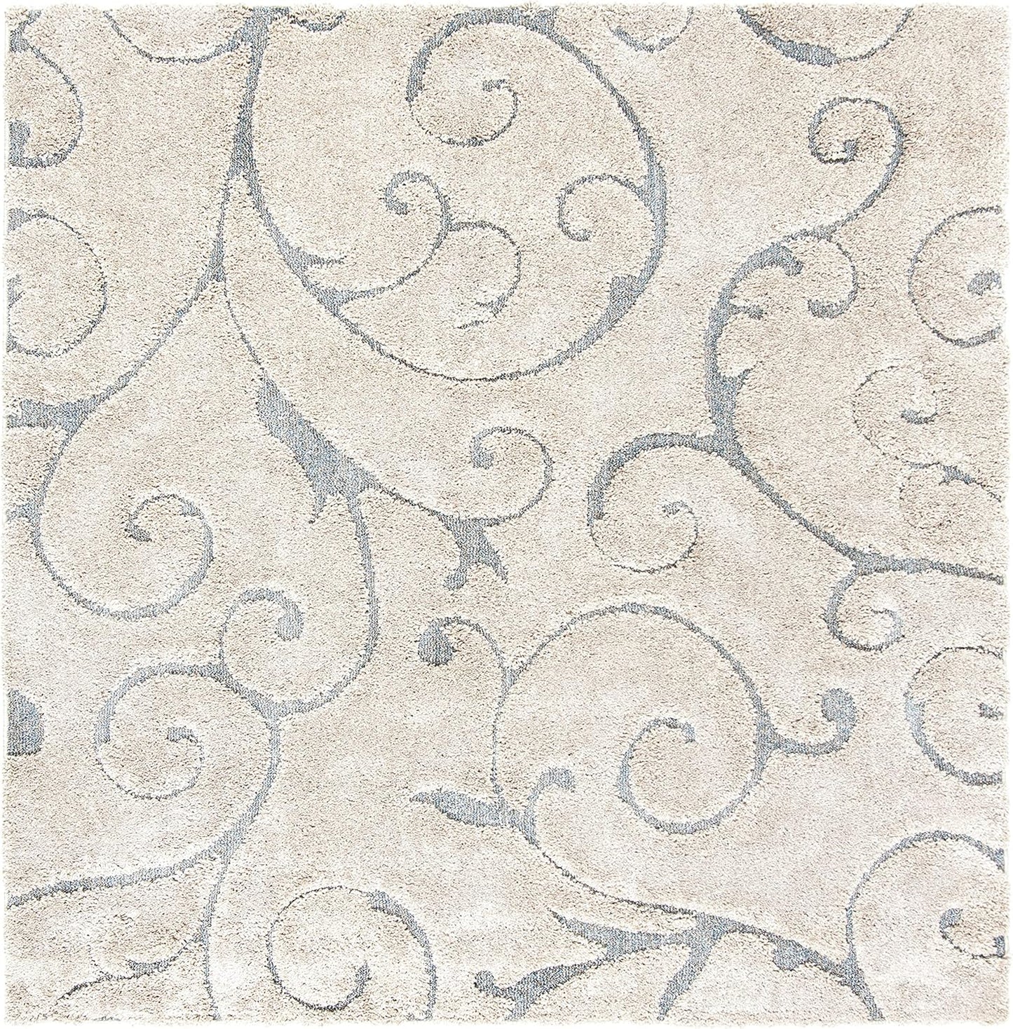 SAFAVIEH Florida Shag Collection Area Rug - 5' Square, Beige & Blue Grey, Scroll Design, Non-Shedding & Easy Care, 1.2-inch Thick Ideal for High Traffic Areas in Living Room, Bedroom (SG455-1155)