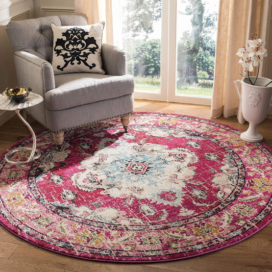 SAFAVIEH Monaco Collection Area Rug - 4' Round, Pink & Multi, Boho Chic Medallion Distressed Design, Non-Shedding & Easy Care, Ideal for High Traffic Areas in Living Room, Bedroom (MNC243D)