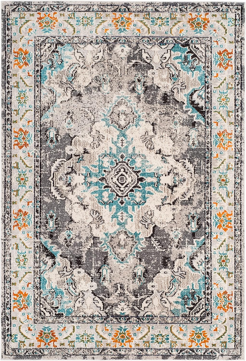 SAFAVIEH Monaco Collection X-Large Area Rug - 11' x 15', Grey & Light Blue, Medallion Distressed Design, Non-Shedding & Easy Care, Ideal for High Traffic Areas in Living Room, Bedroom (MNC243G)