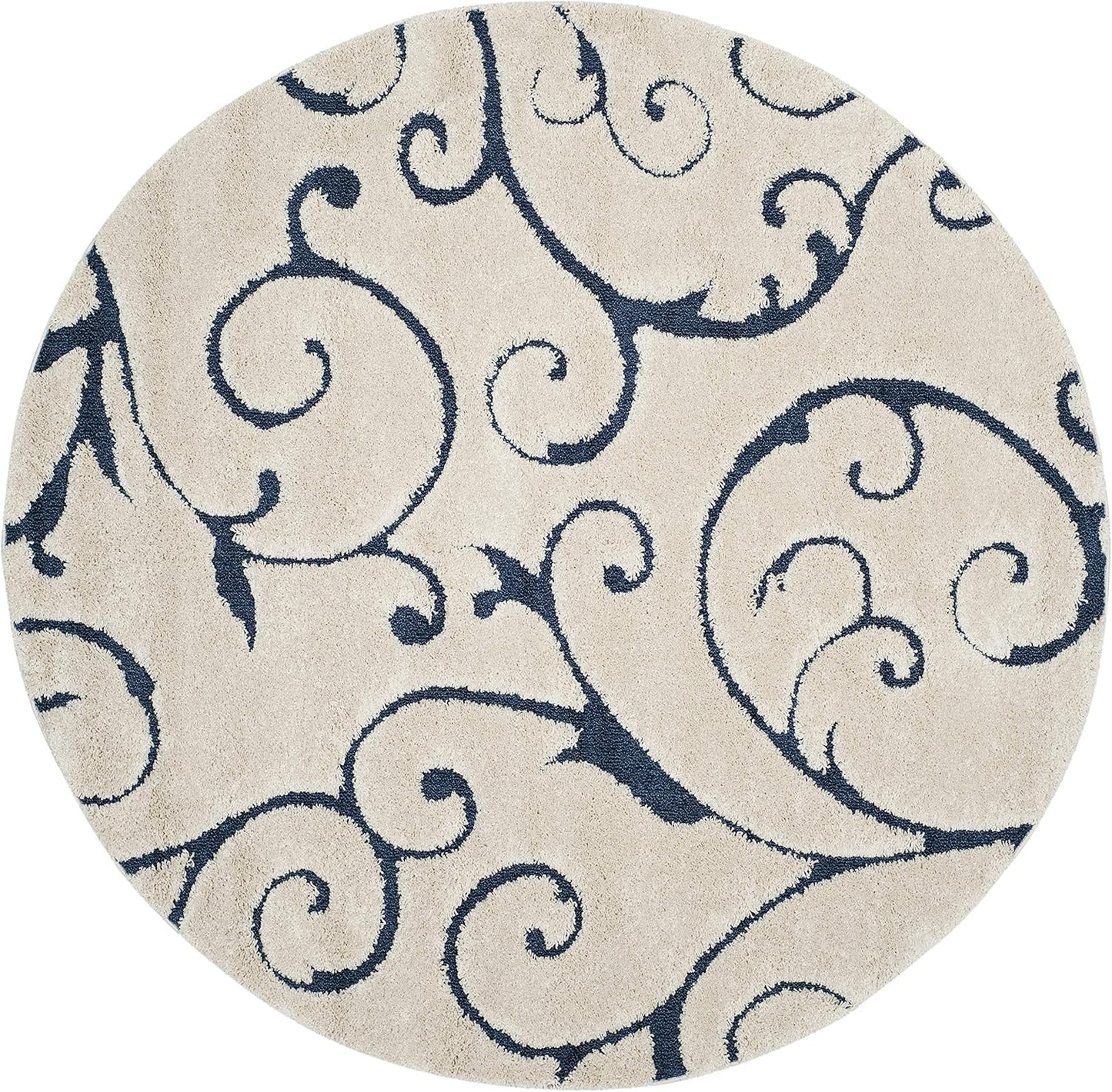 SAFAVIEH Florida Shag Collection Area Rug - 11' Round, Cream & Blue, Scroll Design, Non-Shedding & Easy Care, 1.2-inch Thick Ideal for High Traffic Areas in Living Room, Bedroom (SG455-1165)