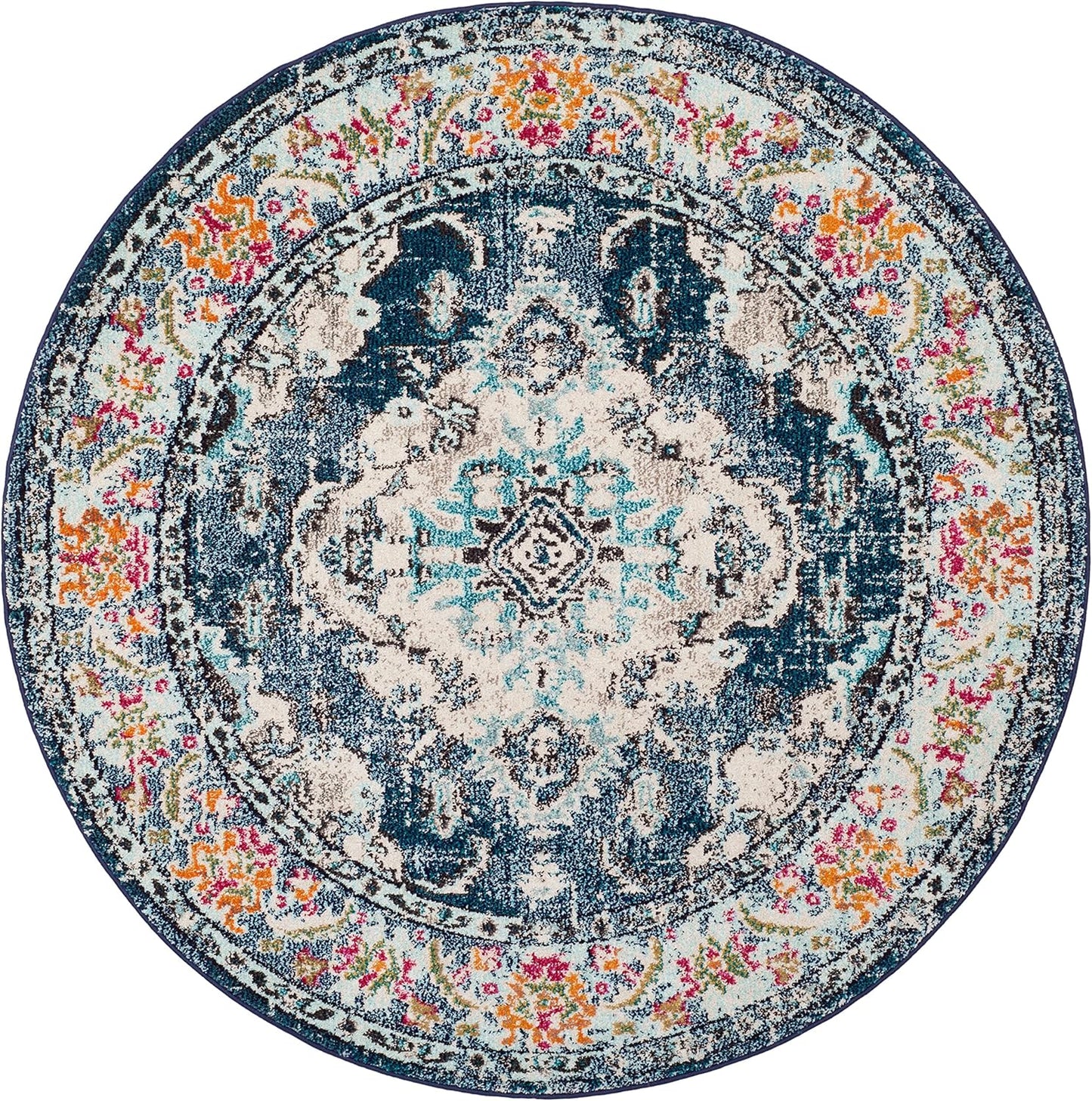 SAFAVIEH Monaco Collection Area Rug - 8' Round, Navy & Light Blue, Boho Chic Medallion Distressed Design, Non-Shedding & Easy Care, Ideal for High Traffic Areas in Living Room, Bedroom (MNC243N)
