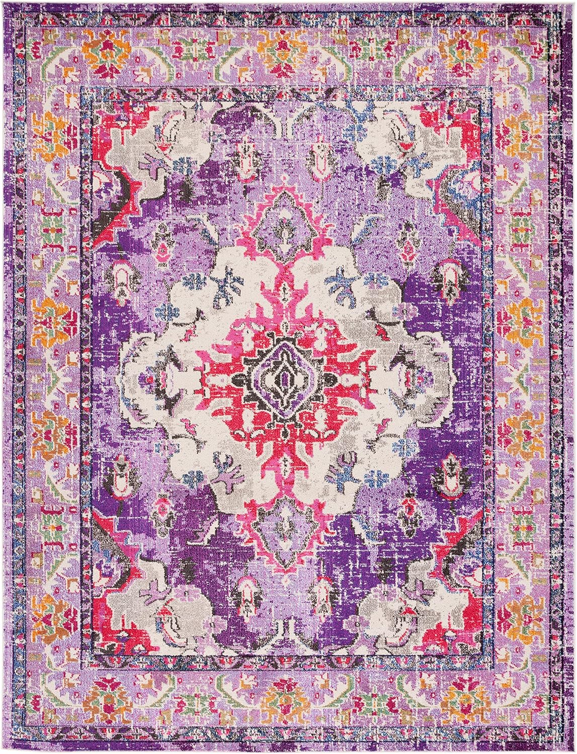 SAFAVIEH Monaco Collection Area Rug - 8' x 10', Violet & Fuchsia, Boho Chic Medallion Distressed Design, Non-Shedding & Easy Care, Ideal for High Traffic Areas in Living Room, Bedroom (MNC243P)