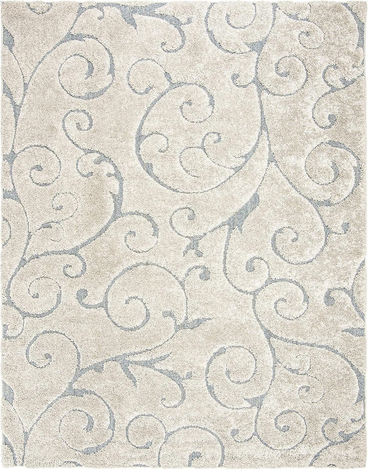 SAFAVIEH Area Rug 8x10 - Florida Shag Collection - Large - Beige & Blue Grey, Scroll Design, Non-Shedding & Easy Cleaning, Plush Thick Pile, Ideal for Living Room, Bedroom, Dining Space (SG455-1155)