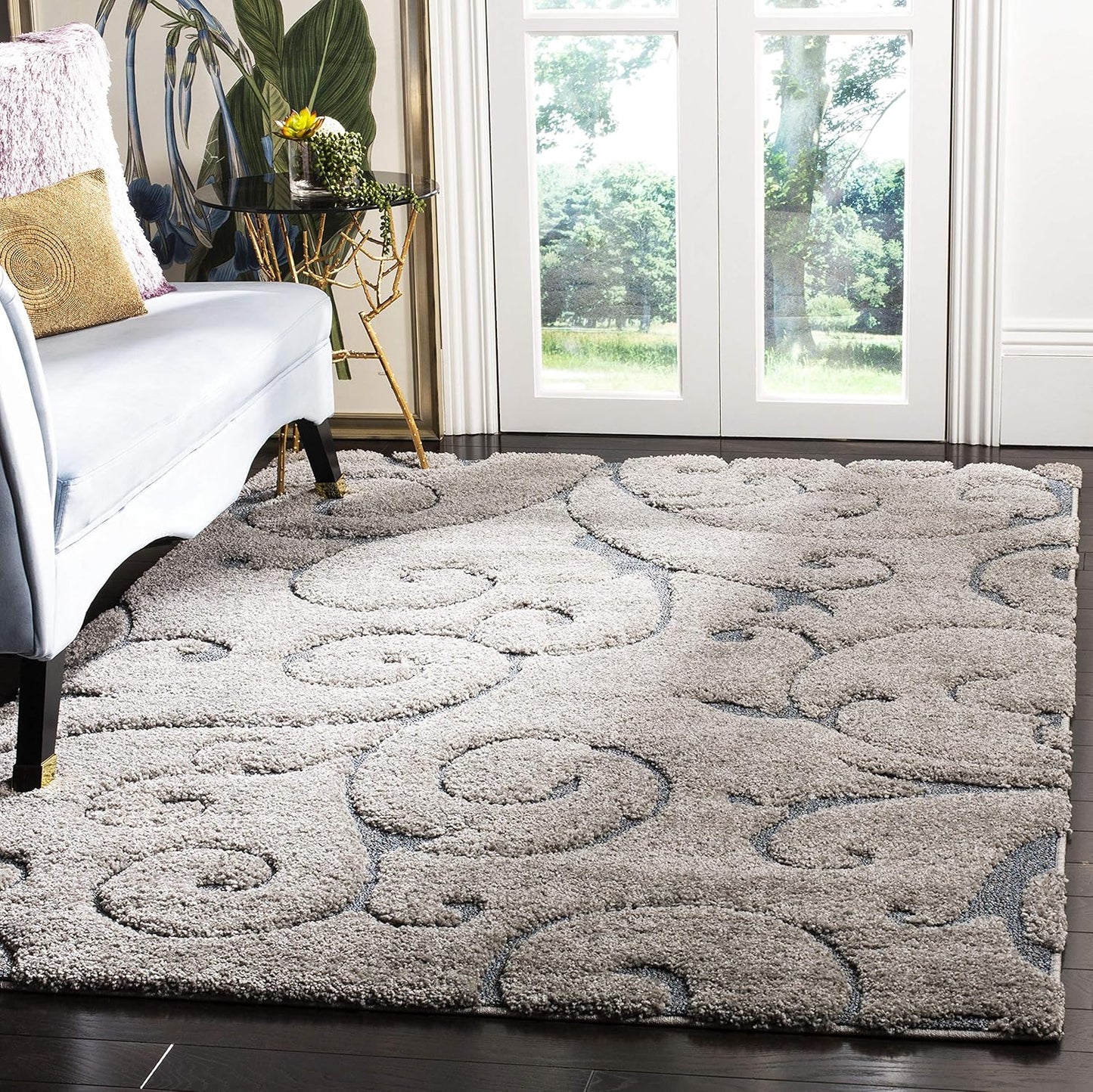 SAFAVIEH Florida Shag Collection Accent Rug - 3'3" x 5'3", Grey & Light Blue, Scroll, Non-Shedding & Easy Care, 1.2-inch Thick Ideal for High Traffic Areas in Foyer, Living Room, Bedroom (SG455-1160)