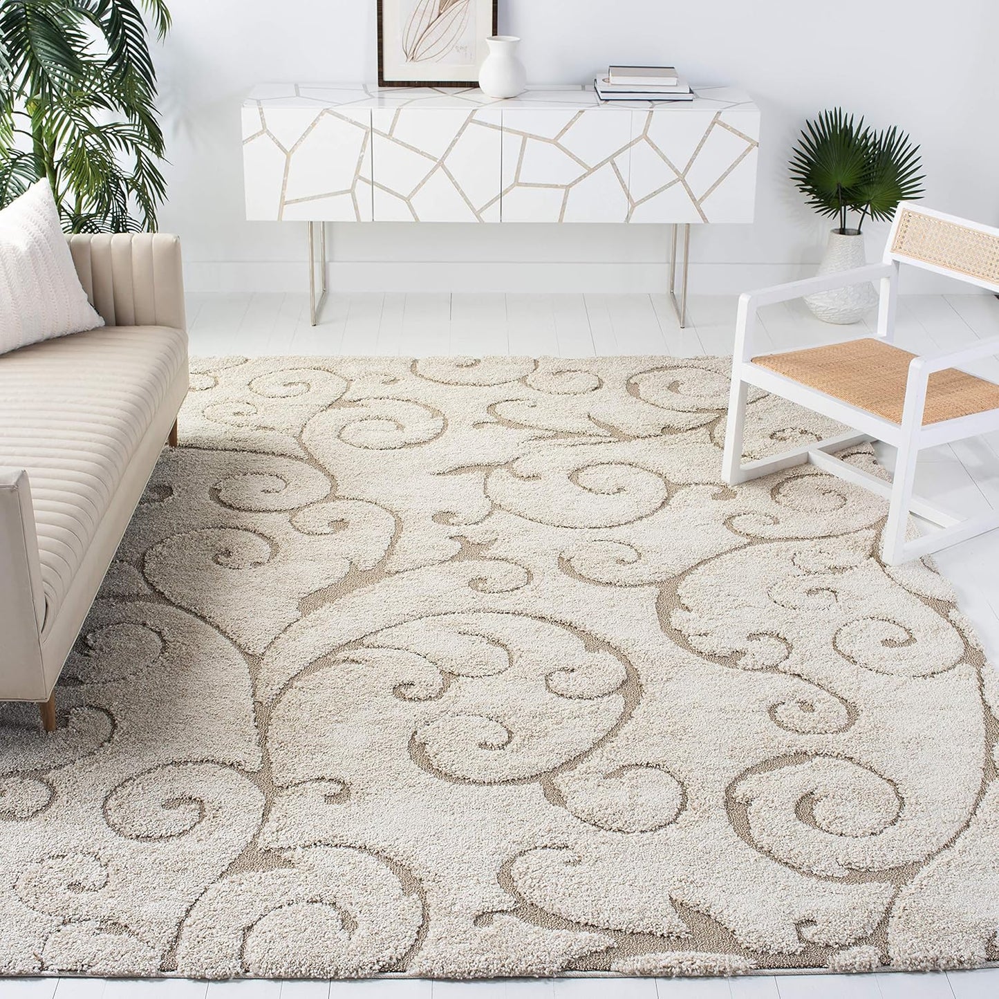 SAFAVIEH Florida Shag Collection Area Rug - 8'6" x 12', Cream & Beige, Scroll Design, Non-Shedding & Easy Care, 1.2-inch Thick Ideal for High Traffic Areas in Living Room, Bedroom (SG455-1113)