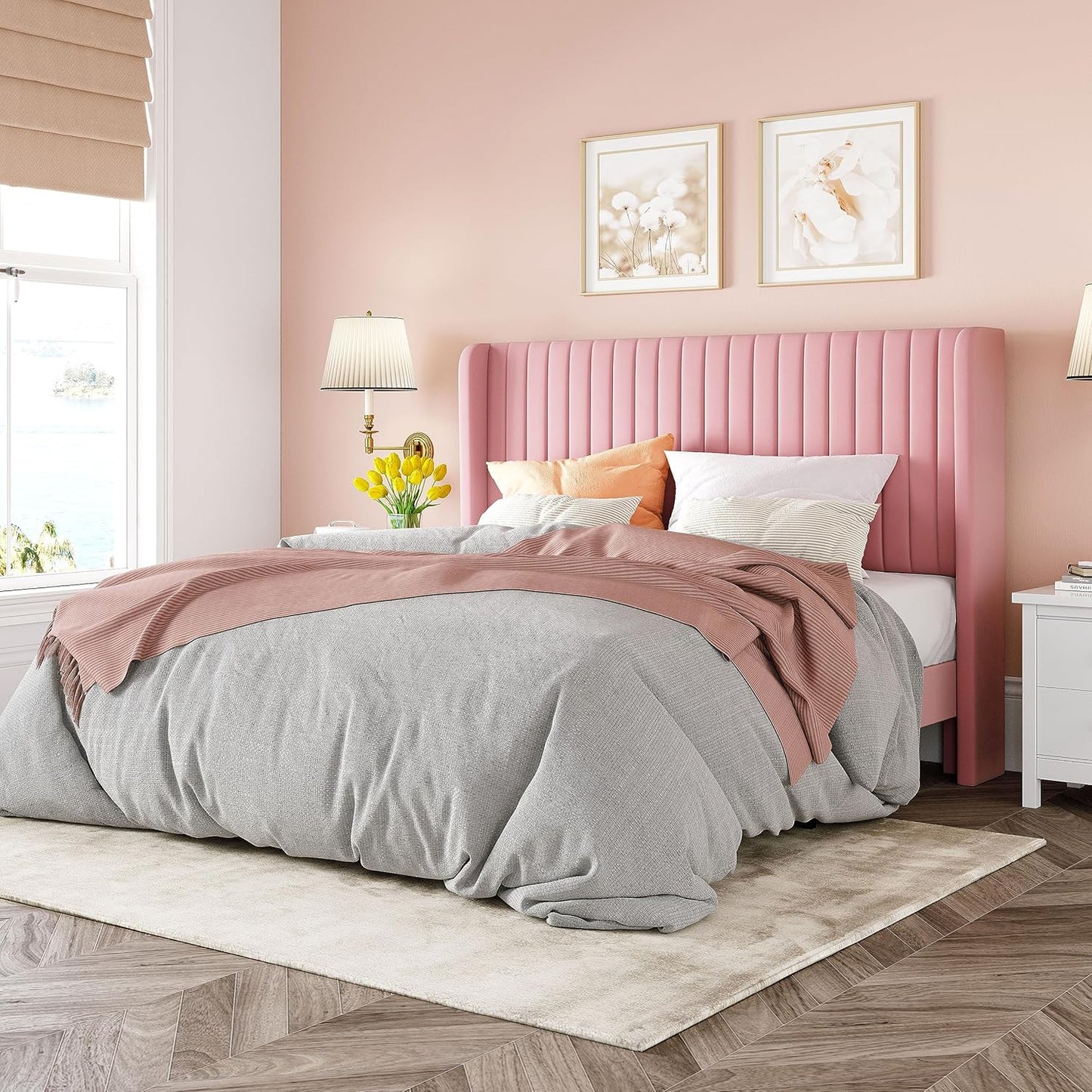 Allewie Full Size Velvet Bed Frame/Vertical Channel Tufted Wingback Headboard/Upholstered Platform Bed/Strong Wooden Slats/No Box Spring Needed/Easy Assembly/Pink