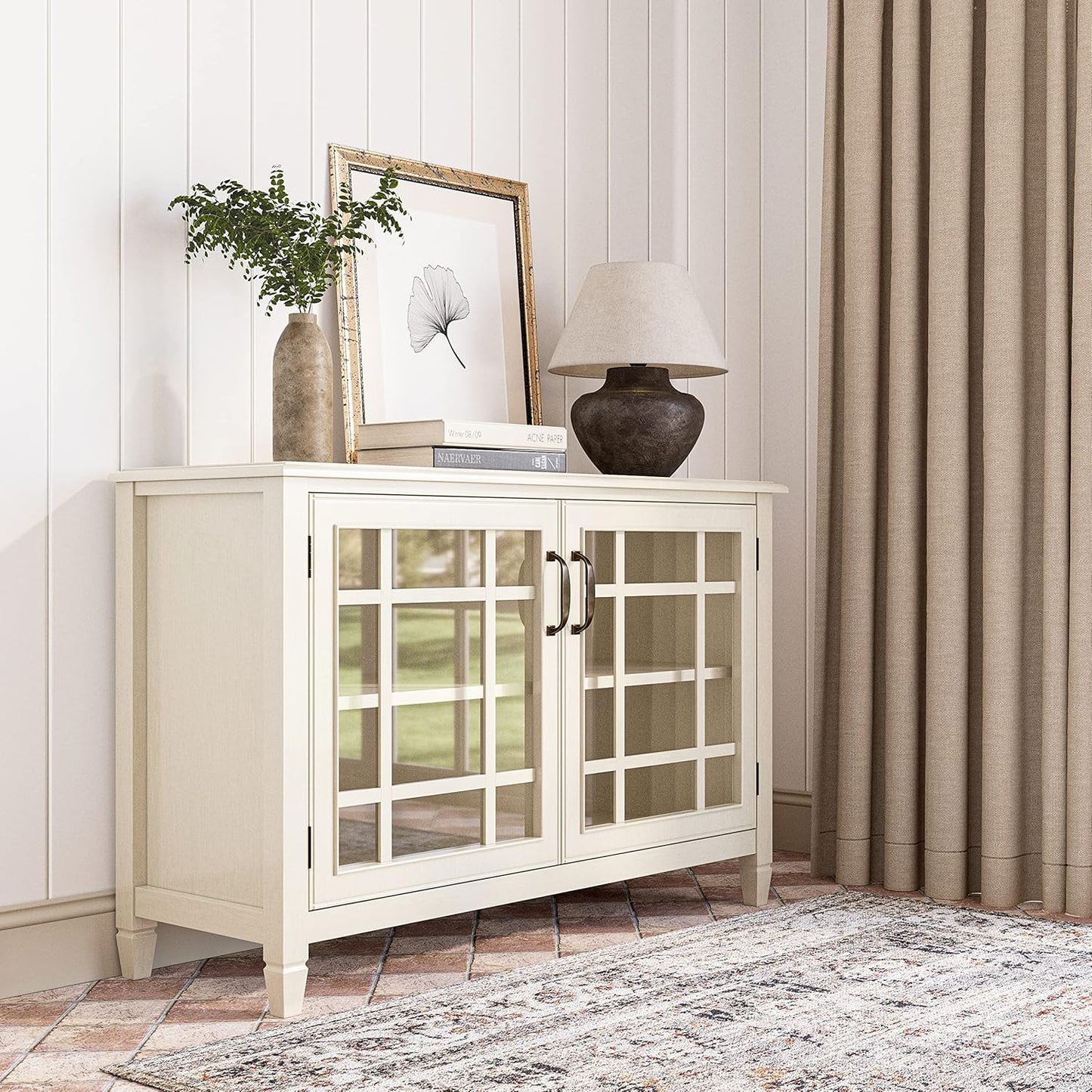 SIMPLIHOME Connaught Solid Wood 46 Inch Wide Traditional Low Storage Cabinet in Antique White, for The Living Room, Entryway and Family Room