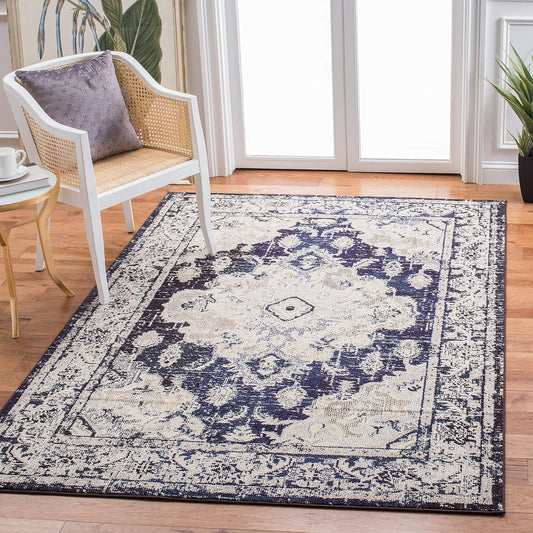 SAFAVIEH Monaco Collection Area Rug - 5'1" x 7'7", Ivory & Navy, Boho Chic Medallion Distressed Design, Non-Shedding & Easy Care, Ideal for High Traffic Areas in Living Room, Bedroom (MNC243C)