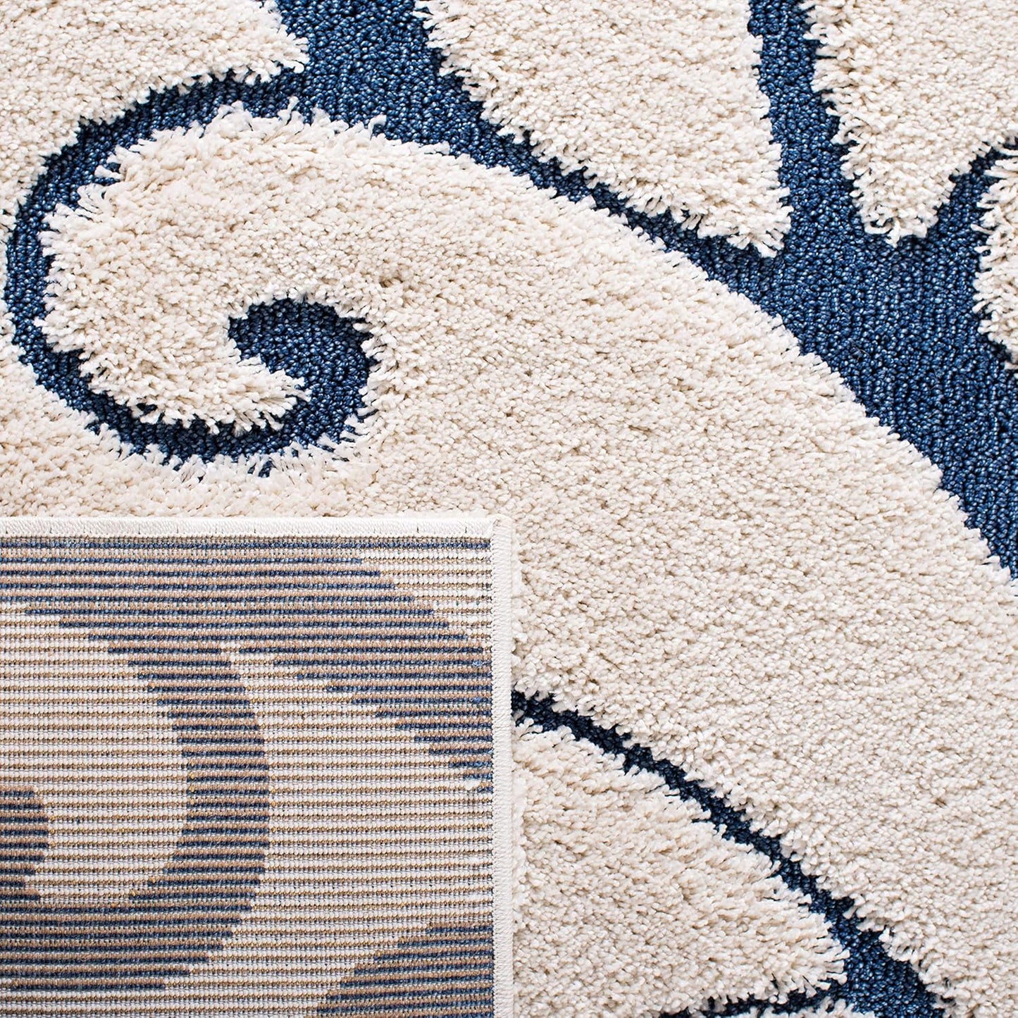 SAFAVIEH Florida Shag Collection Area Rug - 4' Square, Cream & Blue, Scroll Design, Non-Shedding & Easy Care, 1.2-inch Thick Ideal for High Traffic Areas in Living Room, Bedroom (SG455-1165)